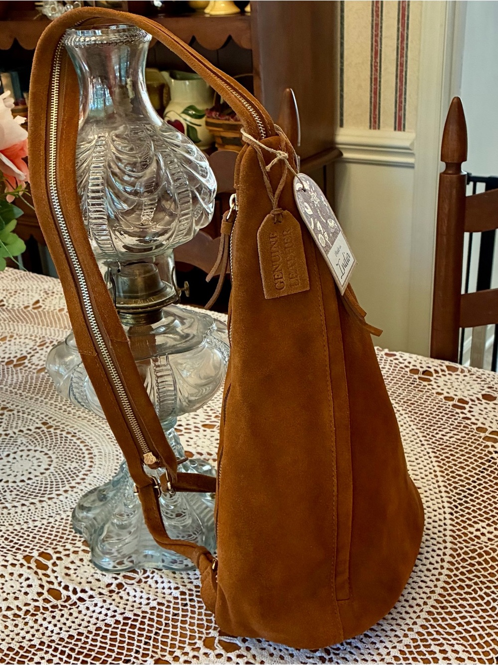 NWT Made in India Brown Suede Women’s Backpack/Sling Bag - Picture 5 of 11